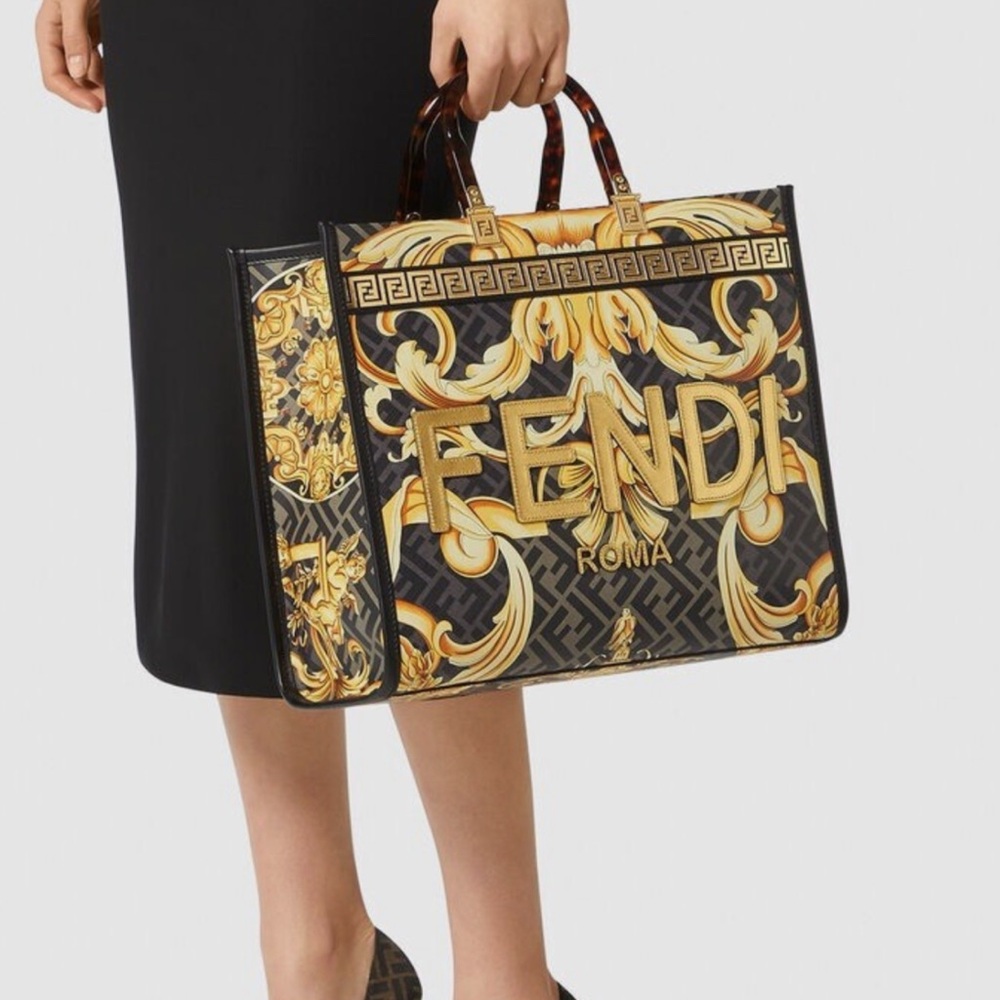 New Fendi X Versace Fendace Collaboration Sunshine Black Gold Shopper Tote Bag